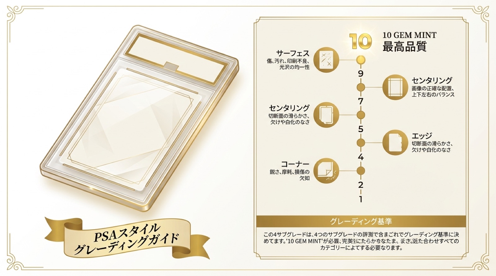 PSA鑑定のグレードスケール（1〜10）と4つの採点基準：コーナー・エッジ・センタリング・表面